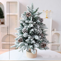 Mini sapin de Noël floqué de 45 cm avec cônes de pin, base en bois, artificiel, pour table, étagère, décoration de fête