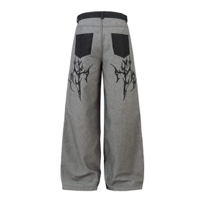 Jean délavé style vintage américain pour homme, coupe large et droite, avec patchs imprimés, délavé à l'acide, style streetwear décontracté - Product Image 2