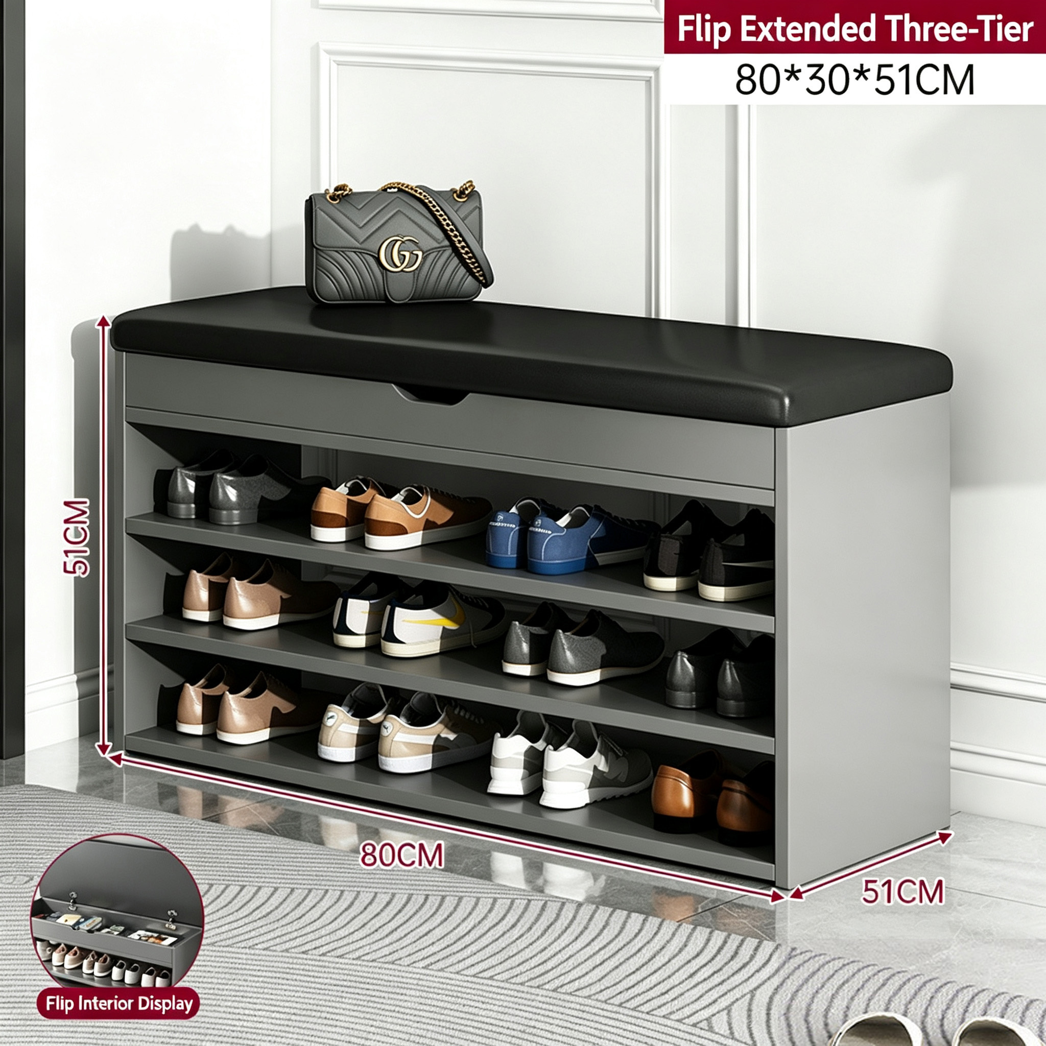 Flip-top widened three-layer-80cm elegant gray