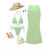 Frisse, solide groene sexy bikini 2026 nieuwe doorschijnende mesh luxe badkleding 3-delige set strandvakantie zwempak strandkleding