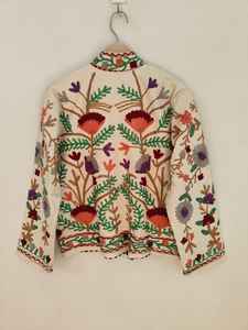 White Cotton TNT Suzani Embroidered <b>Jacket</b> Handcrafted Floral Boho Coat Vintage Style Statement Outerwear Festival - Product Image 6