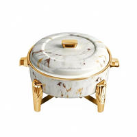 Plat à chafing rond en marbre blanc de 6 L avec système hydraulique pour mariages de luxe, buffets d'hôtel et équipement de maintien au chaud pour soupes et rôtis en restauration
