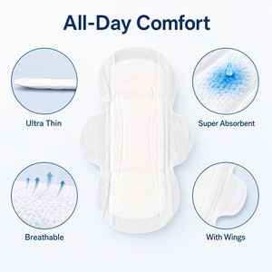 Serviettes hygiéniques en coton biologique ultra-fines avec ailettes, absorbantes, respirantes, serviettes féminines, vente en gros, OEM, étiquette privée - Product Image 5