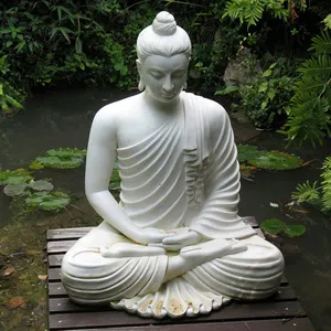 Escultura de piedra blanca tallada a mano, tamaño natural, estatua de Buda de mármol religioso oriental