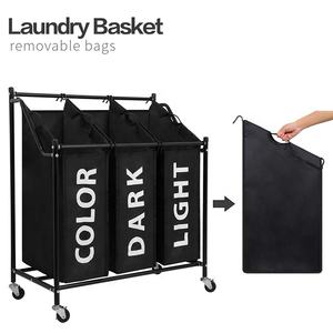 Paniers à <span class=keywords><strong>linge</strong></span> Trieur à <span class=keywords><strong>linge</strong></span> <span class=keywords><strong>sur</strong></span> roues Poubelle à <span class=keywords><strong>linge</strong></span> avec 3 sacs en tissu amovibles Cadre en métal 3X45 L Noir - Product Image 3