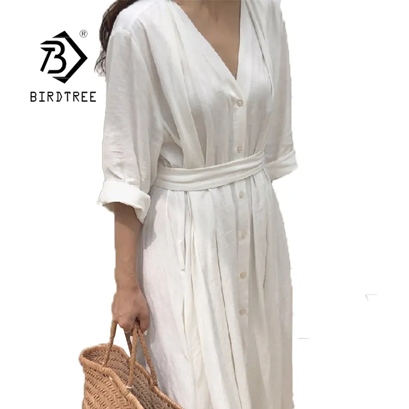 Solid Loose Buttoned White Shirt Dress Boho With Sashes Cotton Linen Midi Maxi Dresses for Women D07501B