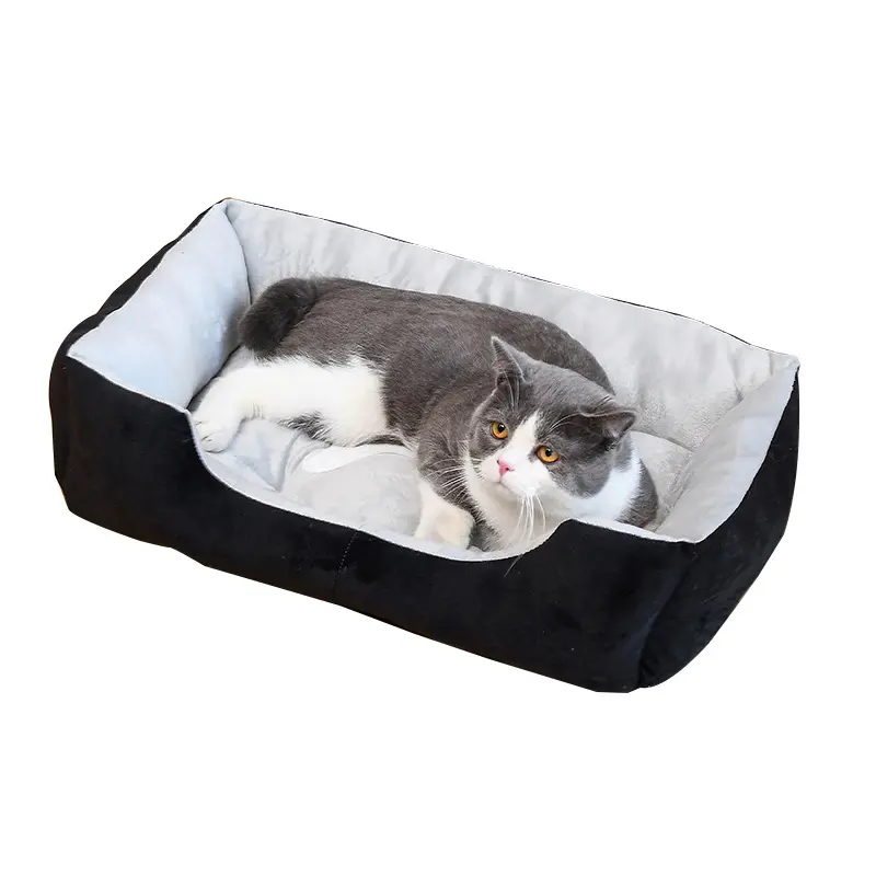 Washable Anti-Slip square short soft plush pet kennel dog cat calming bed warm nest comfy sleeping cave puppy bed
