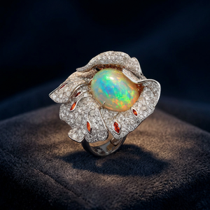 Luxury <b>Opal</b> Cocktail <b>Ring</b> Flower Shape Pave Set Diamonds 18K Gold Women Party Jewelry - Product Image 2