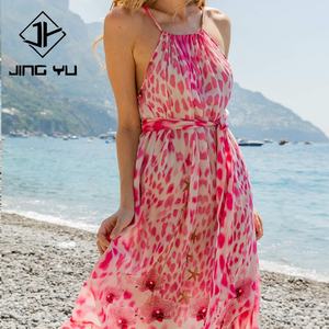OEM Custom-made Flowy pink Floral Print Round Neck Tie-up <b>Maxi</b> <b>Dress</b>, High-quality 100% <b>Silk</b> <b>Maxi</b> <b>Dress</b> - Product Image 4