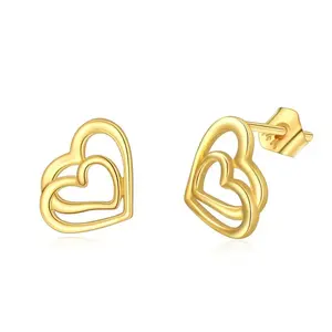 Fine Gifts Women Girls 925 Sterling Silver With 14K Gold Plated Earrings Double Hollow Gold Heart Shape Stud Earrings