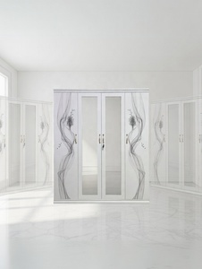Armario Moderno Minimalista de Acero con 4 Puertas, Panel de Espejo con Impresión Abstracta de Ondas Doradas, <span class=keywords><strong>Mueble</strong></span> Metálico para Dormitorio - Product Image 3