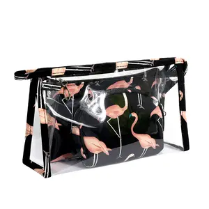 सस्ते 1 में 3 सेट नई डिजाइन पारदर्शी पीवीसी श्रृंगार बैग सौंदर्य प्रसाधन के लिए ट्रॉली मामले यात्रा कॉस्मेटिक भंडारण बैग लड़कियों