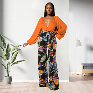 High Quality <b>Sexy</b> Deep V Puff Sleeve Crop Top Leaf Print 2 Piece Pants <b>Set</b> Fashion - Product Image 2