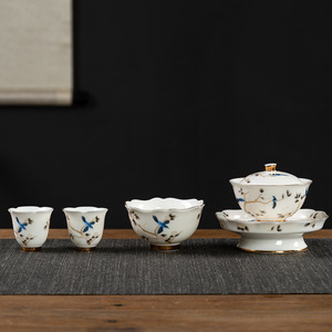 Service à thé complet en porcelaine blanche Yangzhi Jade, <span class=keywords><strong>bol</strong></span> à thé Kung Fu haut de gamme en céramique avec couvercle, modèle Three Talent - Product Image 1