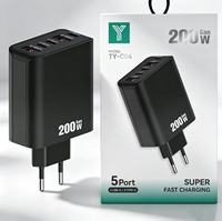 Cargador Rápido de 200W con Enchufe para EE. UU., UE y Reino Unido, 3 Puertos Tipo C + 2 USB Tipo C, QC3.0, Cargador Rápido para Teléfono Móvil, Adaptador de Corriente USB-C PD de 200W