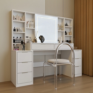 Modern Solid Oak Wood Makeup Vanity <b>Desk</b> with Mirror Lights 59" <b>Large</b> Table 8 Drawers Open Storage Shelves Adjustable Brightness - Product Image 4