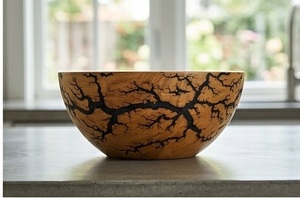 Bol de service rond en bois fait main, élégant, avec motif brûlé par électrolyse, idéal pour servir des fruits et des salades - Product Image 2
