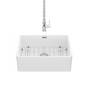 Évier de cuisine en céramique blanc style ferme, cuve unique, 28 pouces, à encastrer avec grille inférieure et ensemble de vidange - Product Image 1