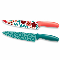 Couteau de chef en acier inoxydable avec revêtement imprimé fleurs, manche en PP pour une décoration de cuisine élégante