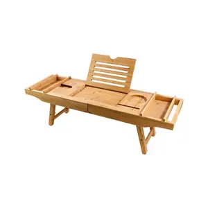 Vente chaude Réglable De Luxe couleur naturelle En Bois Bambou Salle De Bains Organisateur Baignoire Caddy Plateau De Bain Avec Porte-Vin