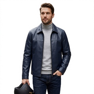 Chaqueta de Cuero Genuino Azul Oscuro para Hombre, Estilo Motero, Cuello Camisero, Cierre de Cremallera, Corte Regular, Color Sólido, para Invierno - Product Image 3