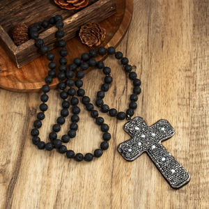 <span class=keywords><strong>Collana</strong></span> annodata in pietra vulcanica etnica Vintage <span class=keywords><strong>collana</strong></span> con strass di perle grigie con ciondolo a croce - Product Image 3