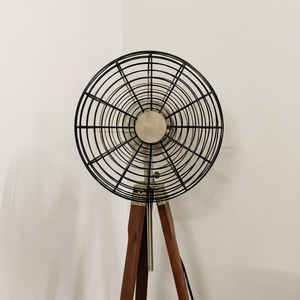 Industrial Iron Floor <b>Fan</b> with Wooden Tripod <b>Stand</b> Circular Grill Design Durable for Indoor/Outdoor Use - Product Image 1