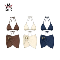 Maillots de bain pour femmes, ensemble bikini trois pièces, jupe sarong, haut triangle à col halter, polyester extensible, vêtements de bain