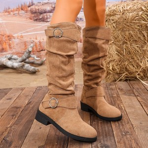 2025 automne hiver dames mode bottes nouveau transfrontalier grande <span class=keywords><strong>taille</strong></span> couleur unie talon épais sans lacet fermeture daim ceinture boucle - Product Image 1