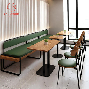 ชุดเก้าอี้โต๊ะไม้และฐานโลหะสำหรับร้านอาหารเชิงพาณิชย์เฟอร์นิเจอร์รับประทานอาหารหนังสีเขียวพร้อมโต๊ะเก้าอี้ไม้ - Product Image 1