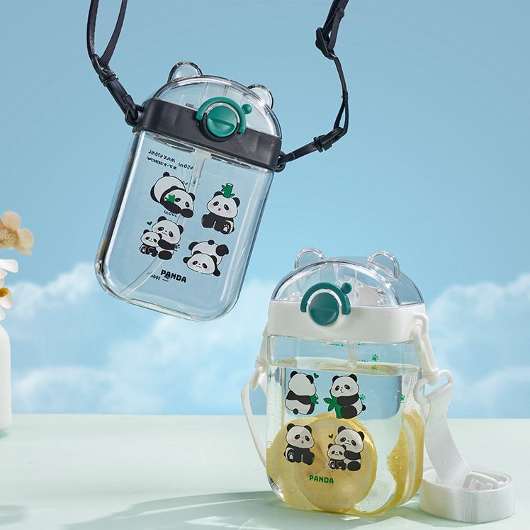 Cartoon Panda Portable 470ml Square Children's Outdoor School Kids Plastic Straw Water Bottle With Strap