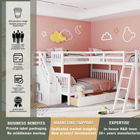 Lit superposé triple moderne en bois massif en forme de L avec escalier de rangement et tiroir coulissant, double sur double, pour chambre d'enfants de 6 ans et plus
