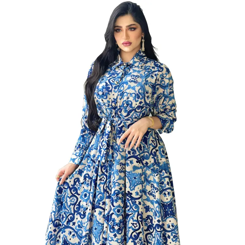 Dress Women Elegant Maxi Fashion New Release Blue Floral Print Long Sleeve Casual Shirt Dress Muslim And Southeast Asia Style