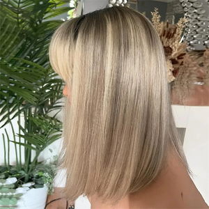 Parrucca Bob Corta Biondo Cenere con Capelli Europei, Frontale in Pizzo Trasparente, con Capelli Vergini Grezzi, Senza Colla, con Frangia Dritta - Product Image 4