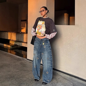 Pantaloni in Denim Sbiadito a Gamba Intera in Cotone, Stile <span class=keywords><strong>Cargo</strong></span> Largo da <span class=keywords><strong>Donna</strong></span> per lo Street Style - Product Image 2