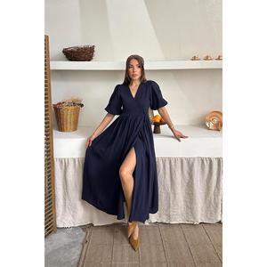 Vestidos de Noche de Muselina Azul Marino al por Mayor con Abertura, Estilo Cola de Pez, Cintura Imperio, Largos hasta la Rodilla y hasta el Suelo, y de Tres Cuartos para Fiesta - Product Image 4