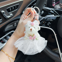 Porte-clés ours en peluche tissé mignon avec robe de mariée en tulle et fleurs en strass, mini ours en peluche pour sac