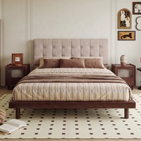 Lit double moderne rétro en bois de noyer avec tête de lit capitonnée en tissu pour chambre principale, mobilier de maison, vente en gros