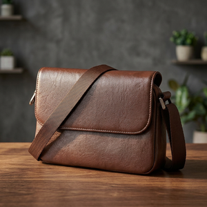 Tas Selempang Kulit Asli Pria dengan Ritsleting Warna Coklat - Product Image 4
