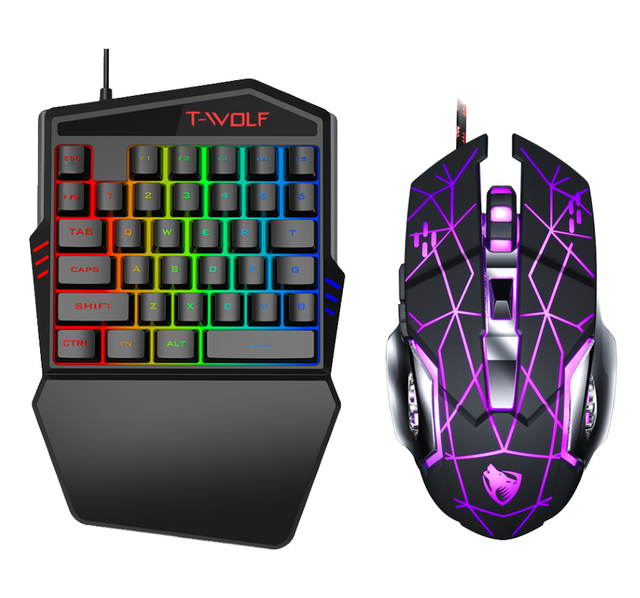 One-Handed Gaming Keyboard and Mouse Ergonomic Mechanical Combo LED Backlit Programmable Wired for Gamer