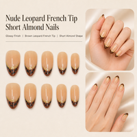 H6 Kaixin Faux ongles à presser courts forme amande, motif léopard marron corail, avec French manucure léopard marron, Fournitures pour ongles