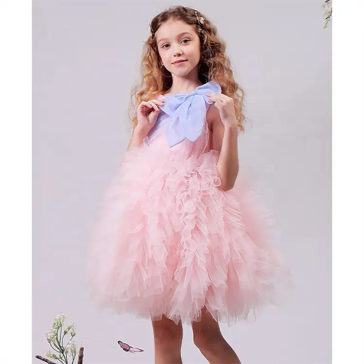 Abito da compleanno a strati con torta gonfia di lusso per bambina con fiocco grande abbigliamento da festa per bambini abiti per neonati Design Tutu in Tulle rosa