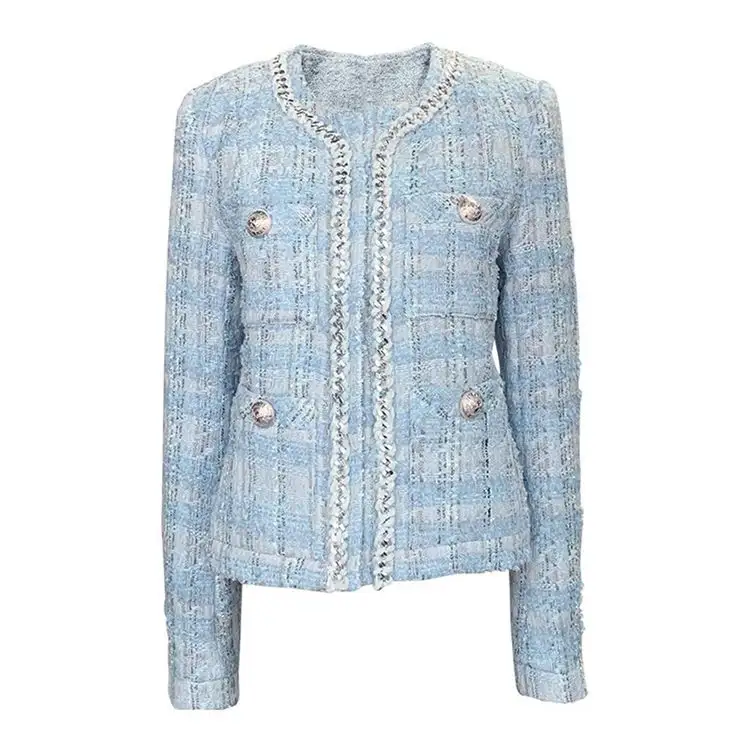 New Design Wholesale Light Blue Knitted Jacket Fashion Tweed Fabric Coat Wholesale Tweed Blazer Dropshipping