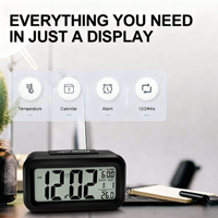 Horloge de bureau numérique intelligente à piles avec écran LCD, alarme, veilleuse, fonction snooze, affichage de la température intérieure et du calendrier, décoration pour la maison et la chambre