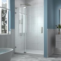 Porte de douche à charnière sur mesure en verre trempé transparent avec support de charnière en acier inoxydable, personnalisable pour usage domestique et professionnel