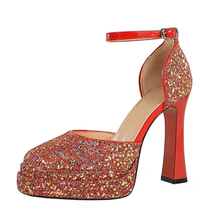 Chaussures de mariée pour femmes, bout carré, plateforme peu profonde, talon épais, talon très haut, sandales à paillettes pour femmes, escarpins - Product Image 6