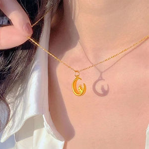 Moon And Rabbit Pendant Necklace 24k Gold Plated Copper Clavicle Chain For Women Gift Occasion - Product Image 2