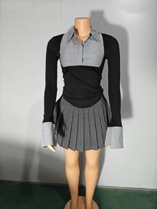 可爱2件套女式马球条纹拼接长袖衬衫上衣和褶裥迷你裙休闲装街装 - Product Image 5