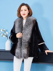 Manteau en fourrure de vison naturel haut de gamme pour <span class=keywords><strong>femme</strong></span> avec grand col en fourrure de renard <span class=keywords><strong>argenté</strong></span>, veste d'hiver luxueuse et fourrée, grande taille, vêtement d'extérieur - Product Image 4