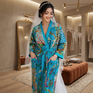 Bata de dormir informal de algodón suave para mujer, estilo kimono Kantha acolchado de longitud completa, con cuello en V y manga tres cuartos, ideal para primavera. - Product Image 1